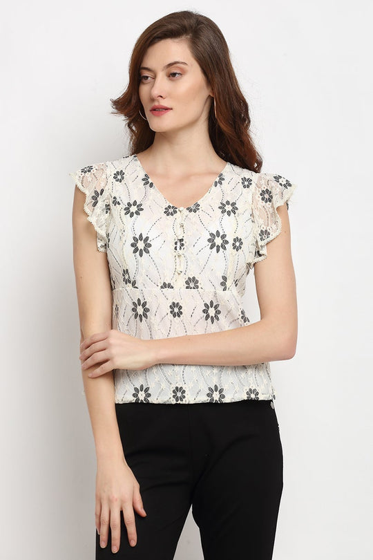 Cream Medium Length V-Neck Polyester Blouse