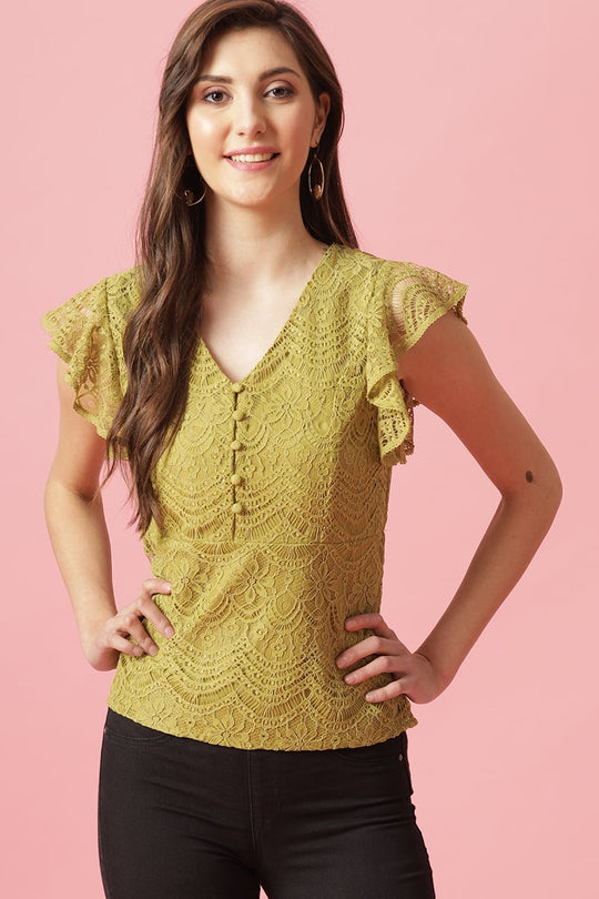 Gipsy Lime Green Medium Length V-Neck Polyester Blouse