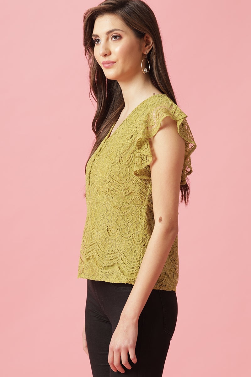 Gipsy Lime Green Medium Length V-Neck Polyester Blouse