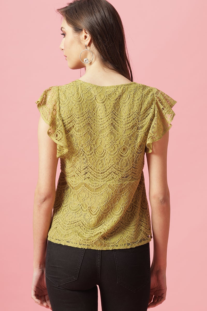 Gipsy Lime Green Medium Length V-Neck Polyester Blouse