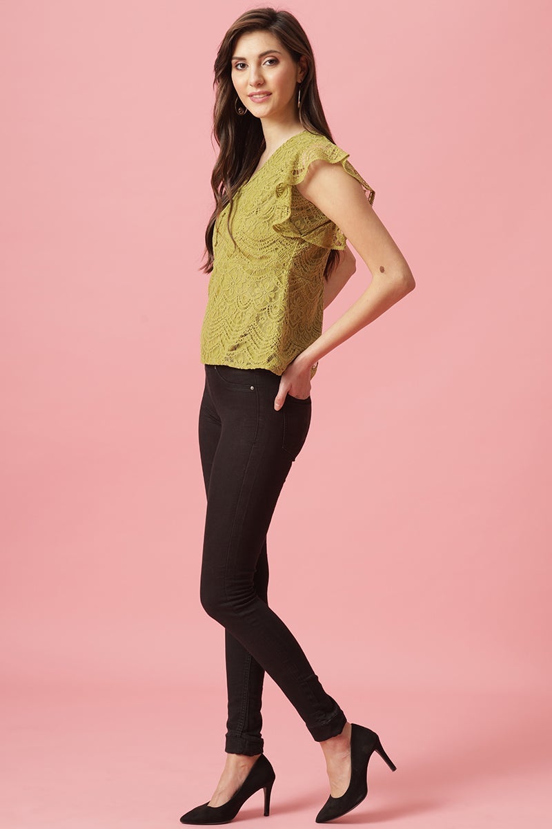 Gipsy Lime Green Medium Length V-Neck Polyester Blouse