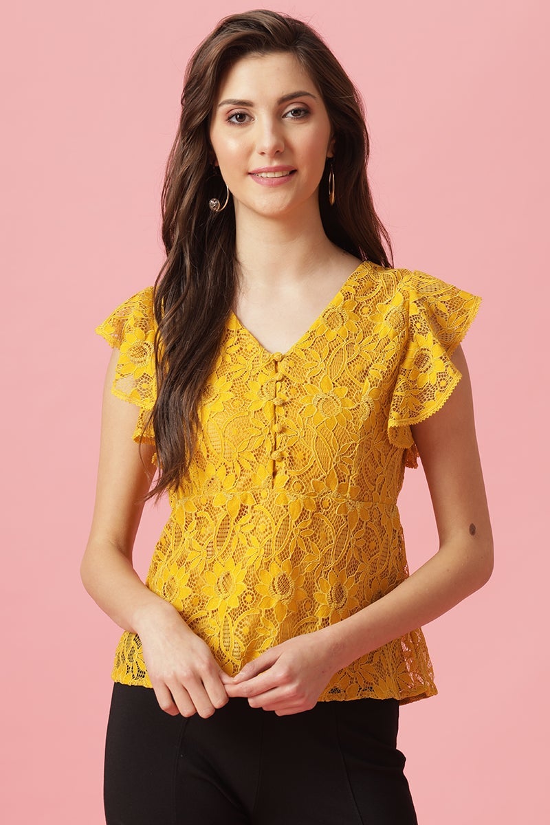 Gipsy Mustard Medium Length V-Neck Polyester Blouse
