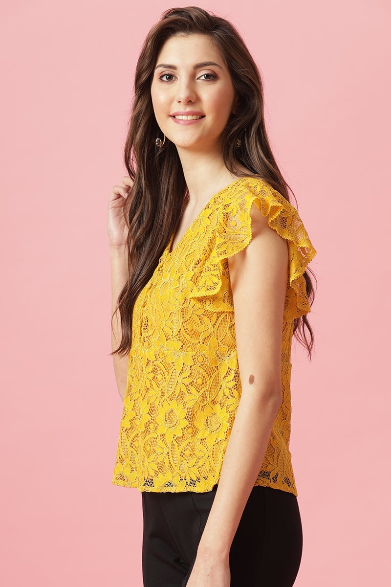 Gipsy Mustard Medium Length V-Neck Polyester Blouse