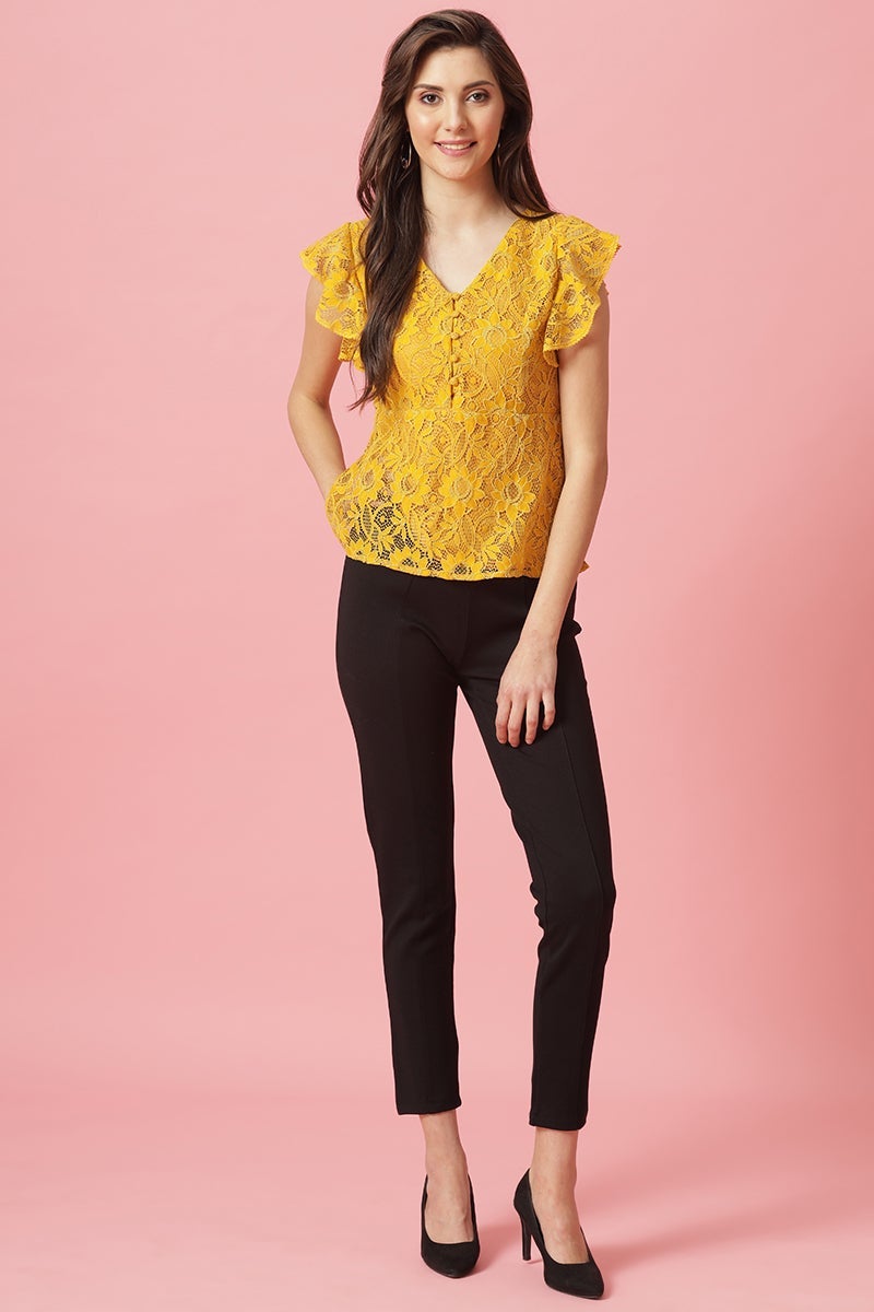 Gipsy Mustard Medium Length V-Neck Polyester Blouse