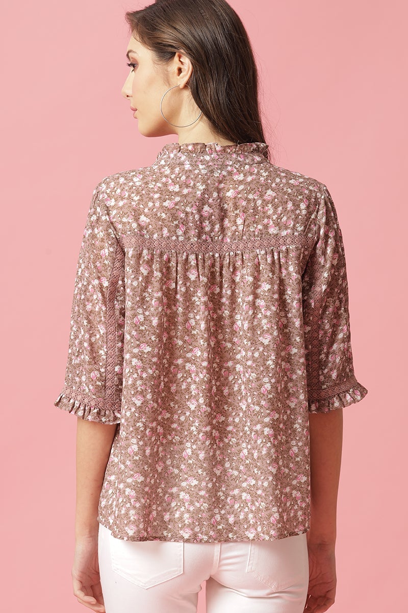 Brown Medium Length Tie-Up Neck Polyester Blouse