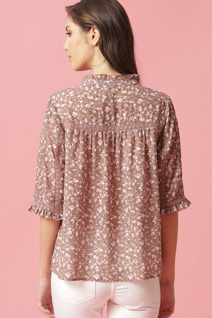 Brown Medium Length Tie-Up Neck Polyester Blouse