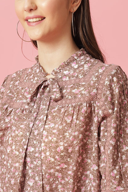 Brown Medium Length Tie-Up Neck Polyester Blouse