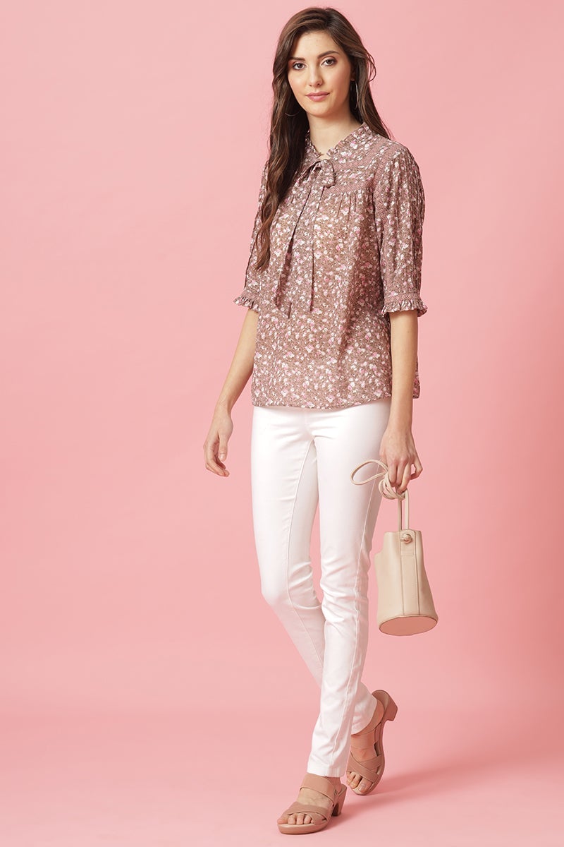 Brown Medium Length Tie-Up Neck Polyester Blouse