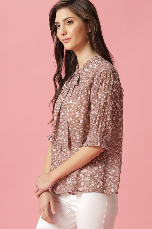 Brown Medium Length Tie-Up Neck Polyester Blouse