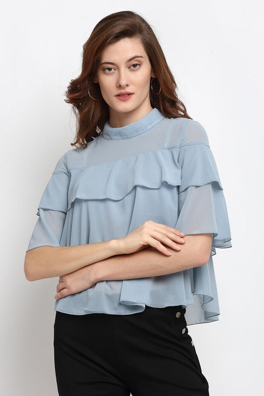 Sage Medium Length Choker Neck Polyester Blouse