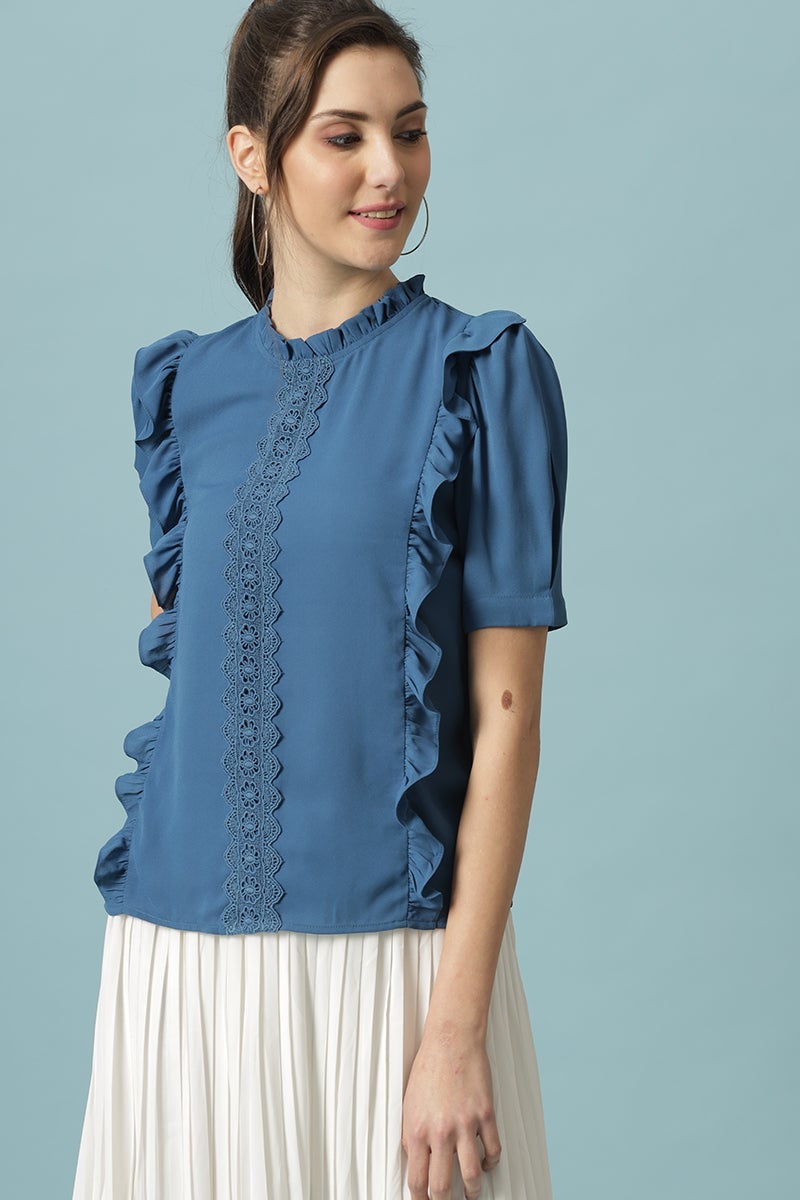 Gipsy Steel Blue Medium Length Round Neck Polyester Blouse