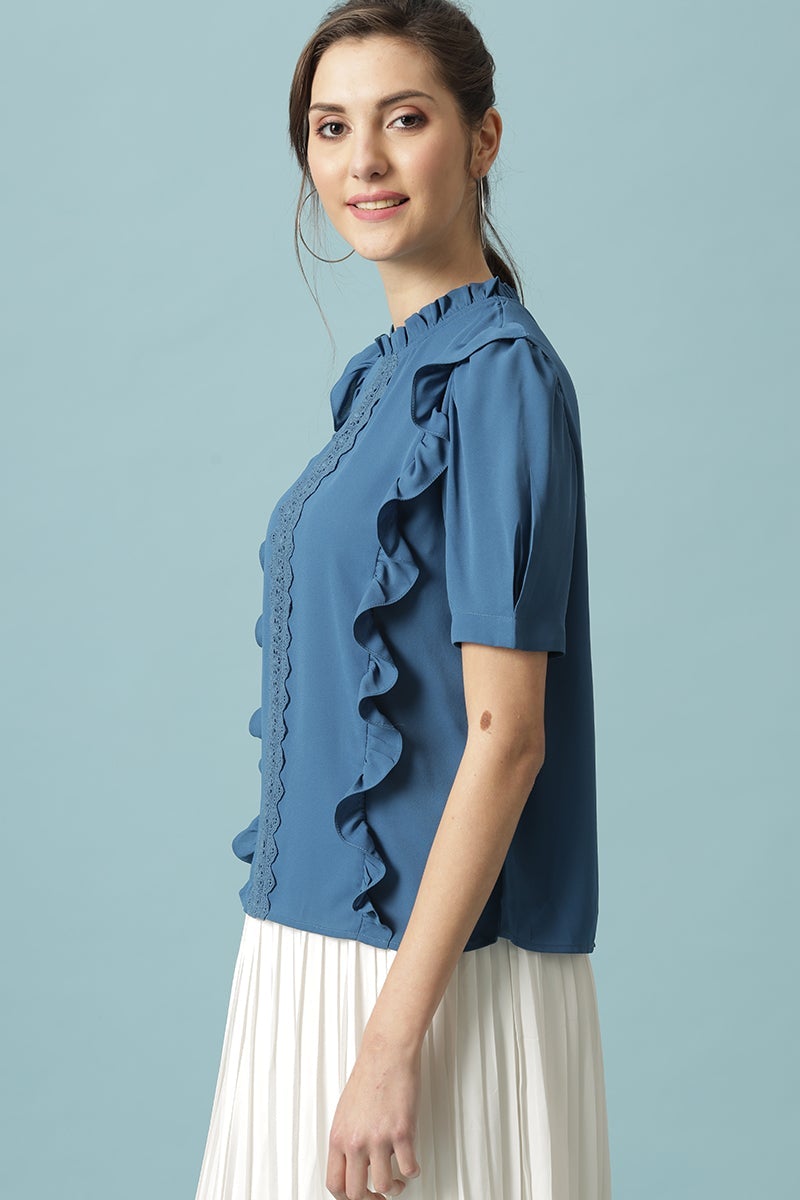 Gipsy Steel Blue Medium Length Round Neck Polyester Blouse