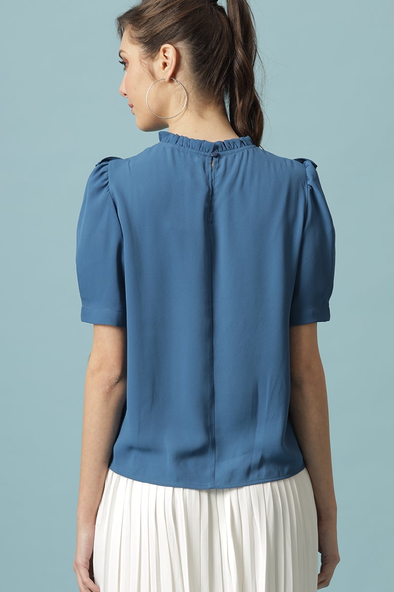 Gipsy Steel Blue Medium Length Round Neck Polyester Blouse
