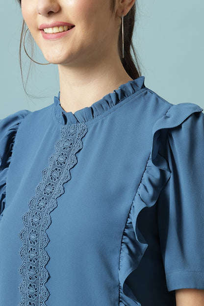 Gipsy Steel Blue Medium Length Round Neck Polyester Blouse