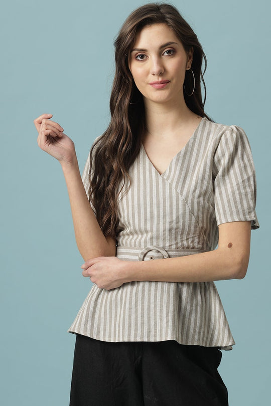 Gipsy Khaki Medium Length V-Neck Cotton Blouse