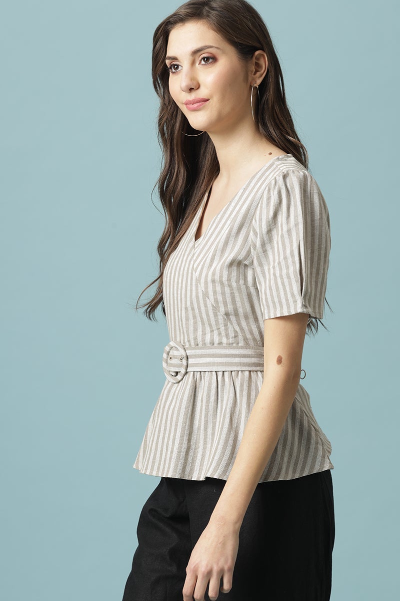 Gipsy Khaki Medium Length V-Neck Cotton Blouse