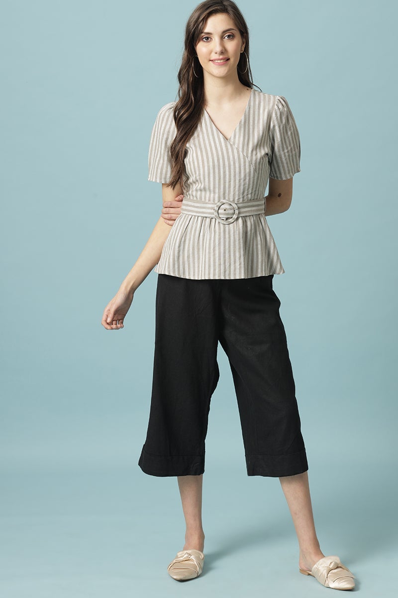 Gipsy Khaki Medium Length V-Neck Cotton Blouse