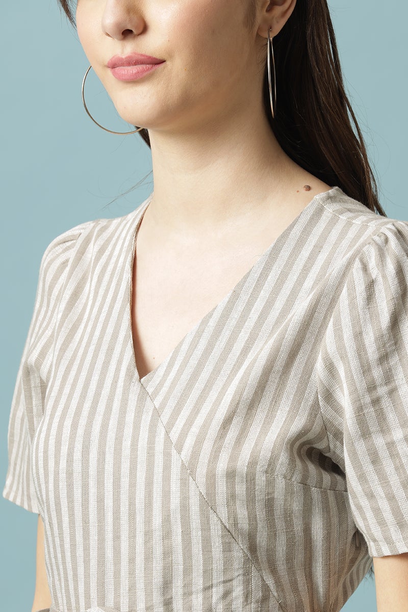 Gipsy Khaki Medium Length V-Neck Cotton Blouse