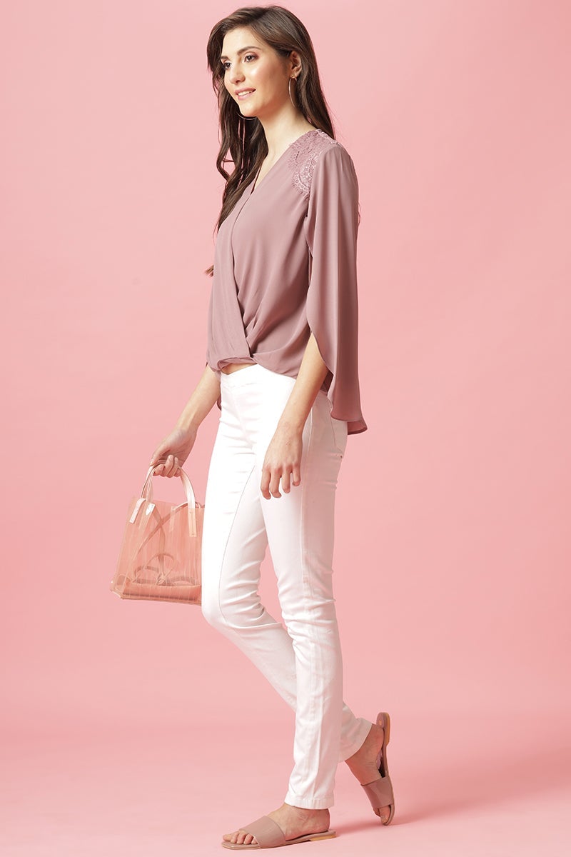 Gipsy Aubergine Medium Length V-Neck Polyester Blouse