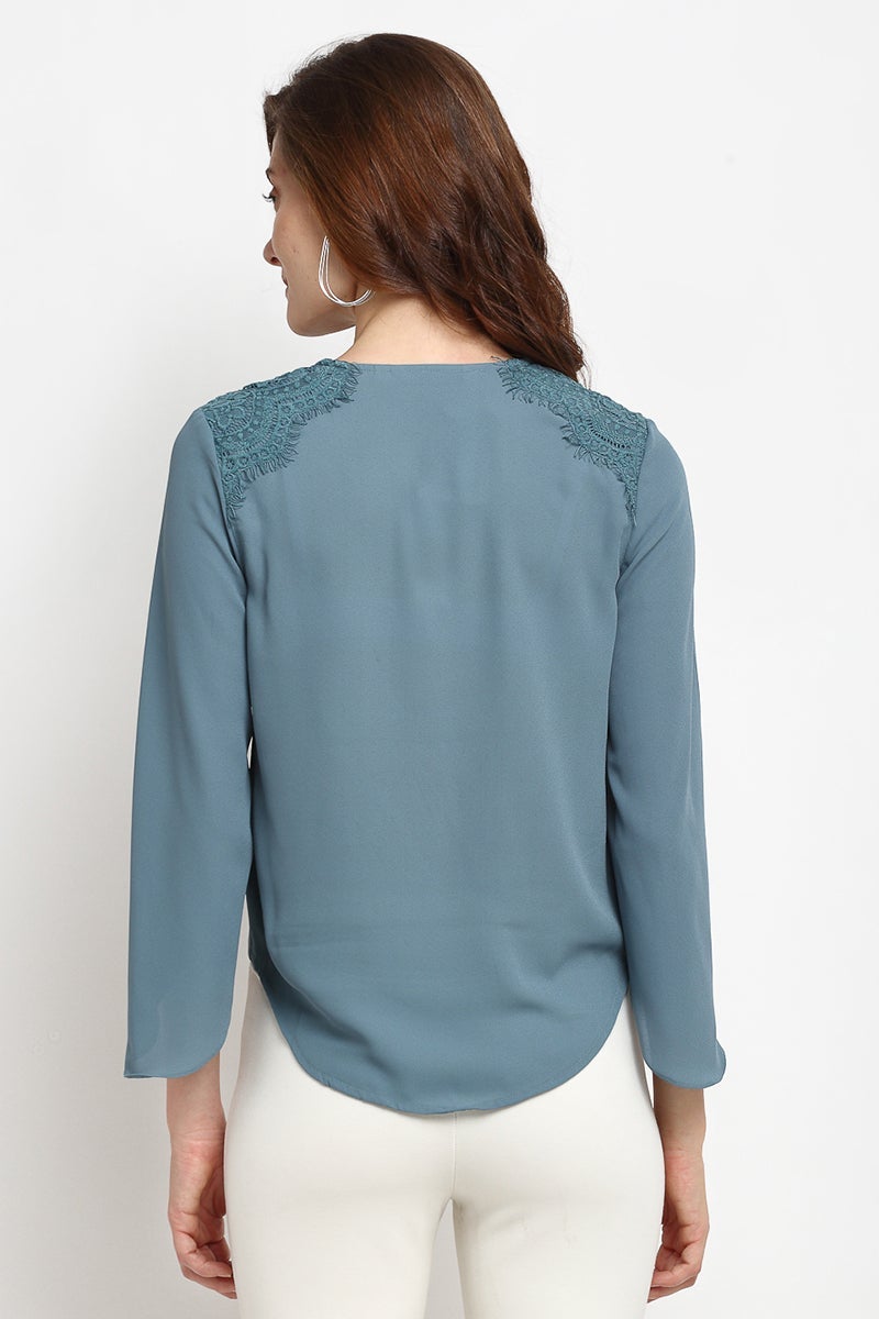 Dusky Blue Medium Length V-Neck Polyester Blouse