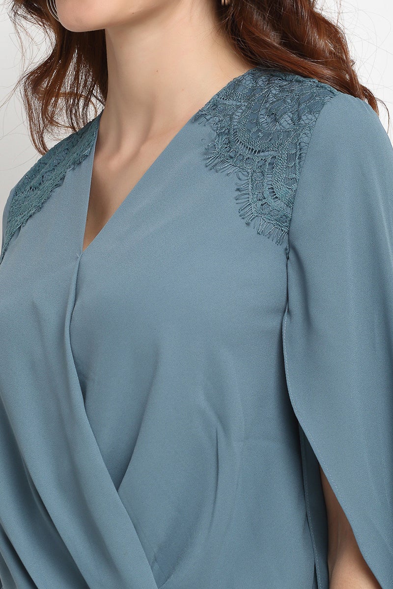 Dusky Blue Medium Length V-Neck Polyester Blouse