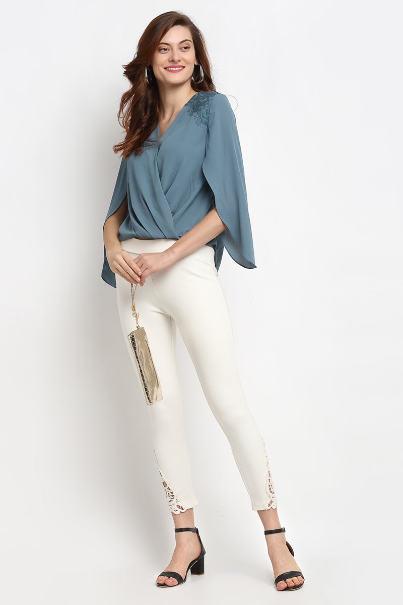 Dusky Blue Medium Length V-Neck Polyester Blouse