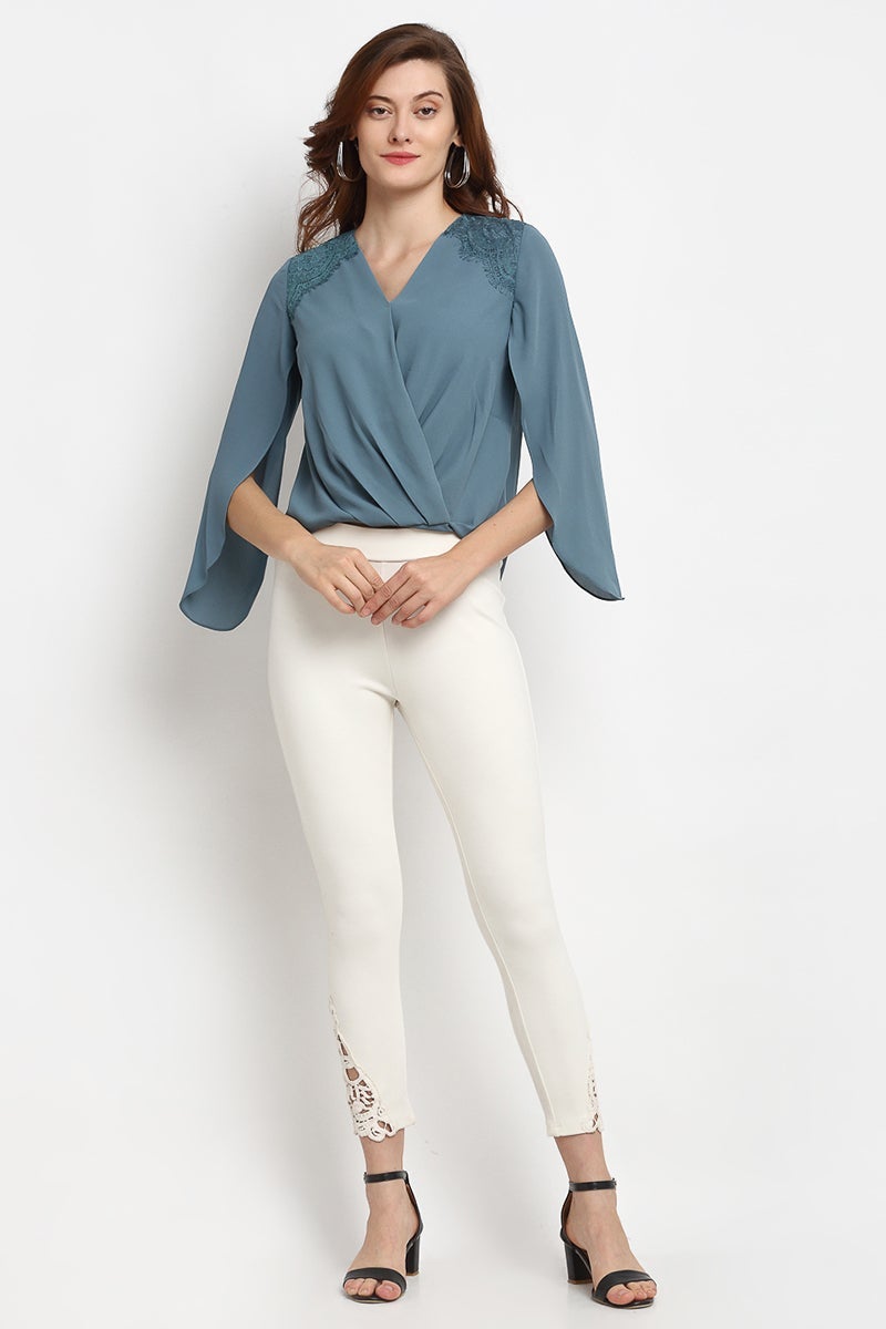 Dusky Blue Medium Length V-Neck Polyester Blouse