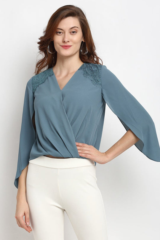 Dusky Blue Medium Length V-Neck Polyester Blouse