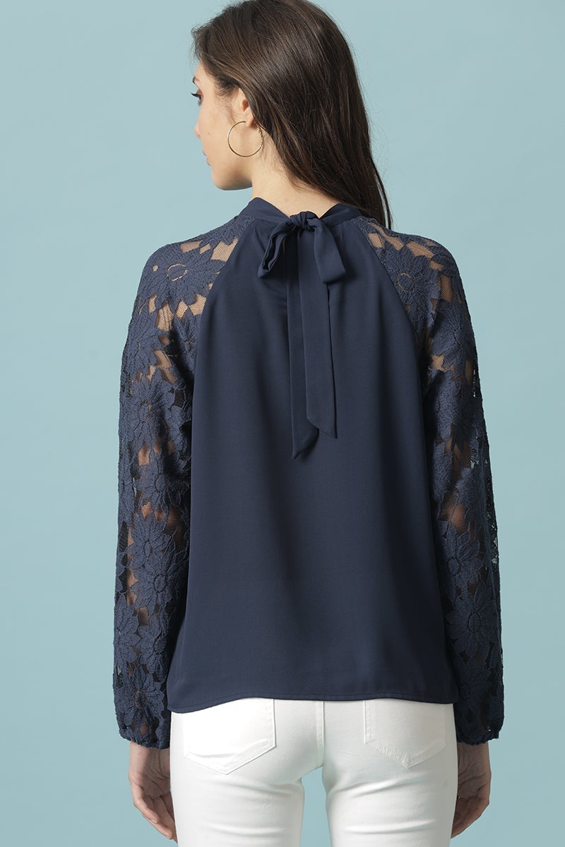 Navy Blue Medium Length Choker Neck Polyester Blouse