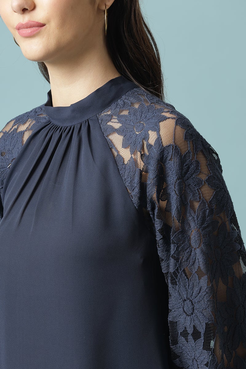 Navy Blue Medium Length Choker Neck Polyester Blouse