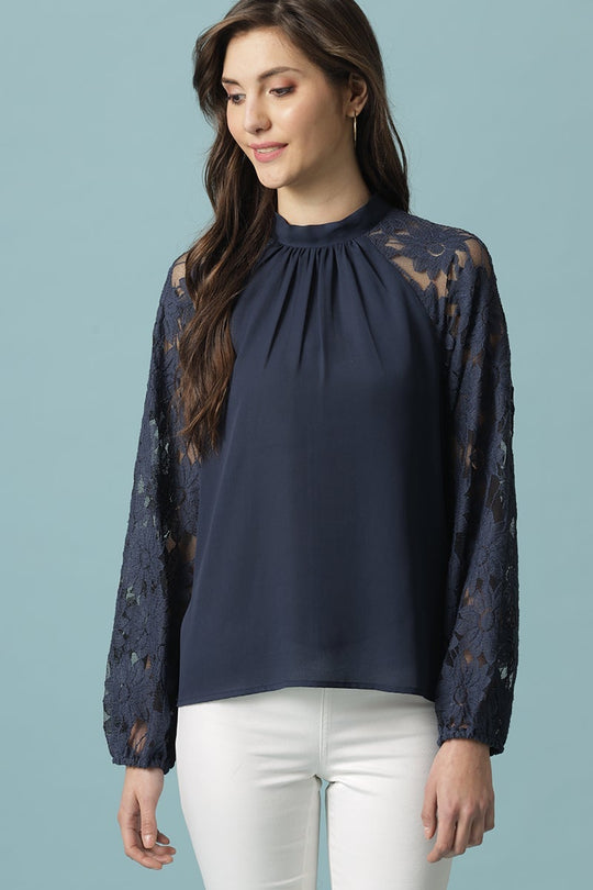 Navy Blue Medium Length Choker Neck Polyester Blouse