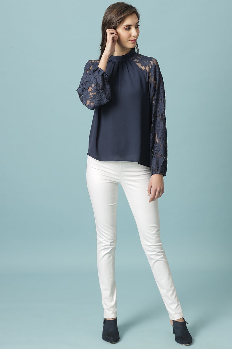 Navy Blue Medium Length Choker Neck Polyester Blouse