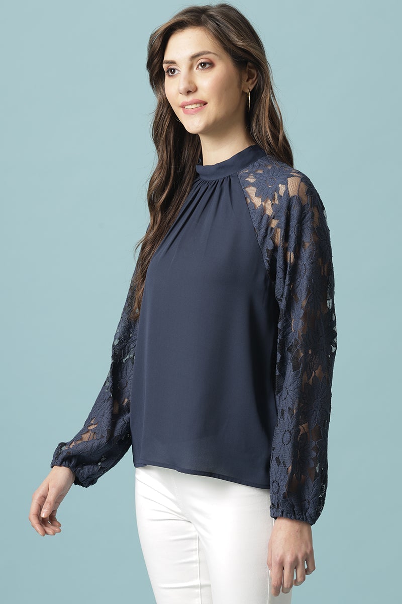 Navy Blue Medium Length Choker Neck Polyester Blouse