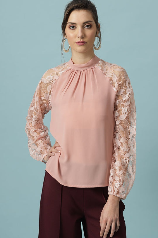 Gipsy Dusky Pink Medium Length Choker Neck Polyester Blouse