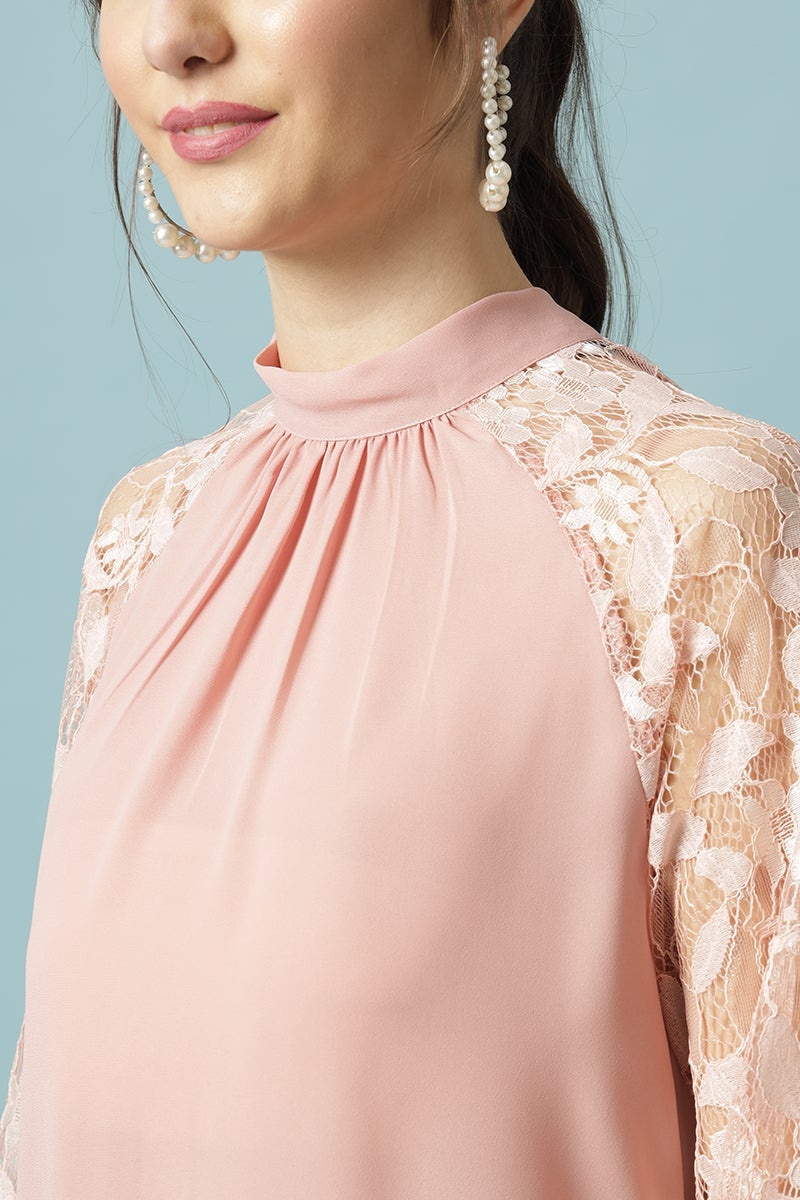 Gipsy Dusky Pink Medium Length Choker Neck Polyester Blouse