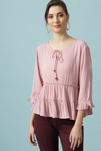 Gipsy Pink Medium Length Round Neck Viscose Rayon Blouse