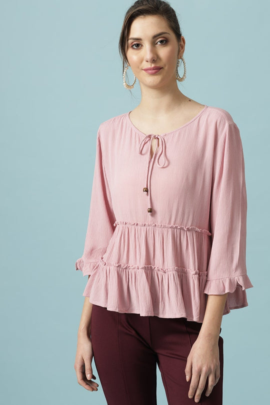 Gipsy Pink Medium Length Round Neck Viscose Rayon Blouse