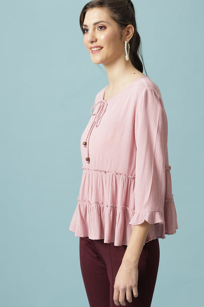 Gipsy Pink Medium Length Round Neck Viscose Rayon Blouse