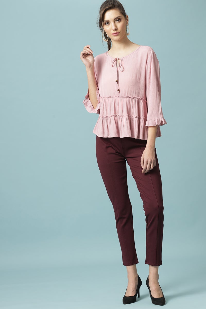 Gipsy Pink Medium Length Round Neck Viscose Rayon Blouse