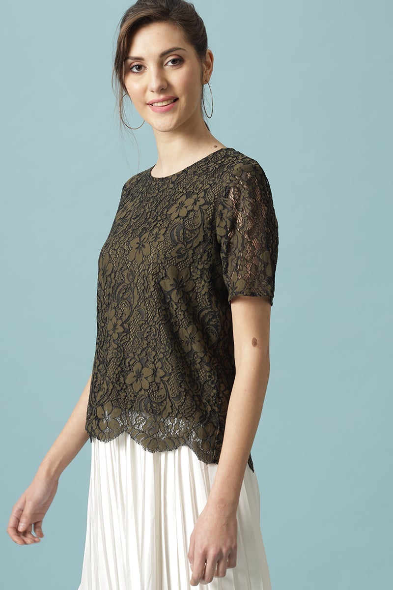 Gipsy Olive Medium Length Round Neck Polyester Blouse