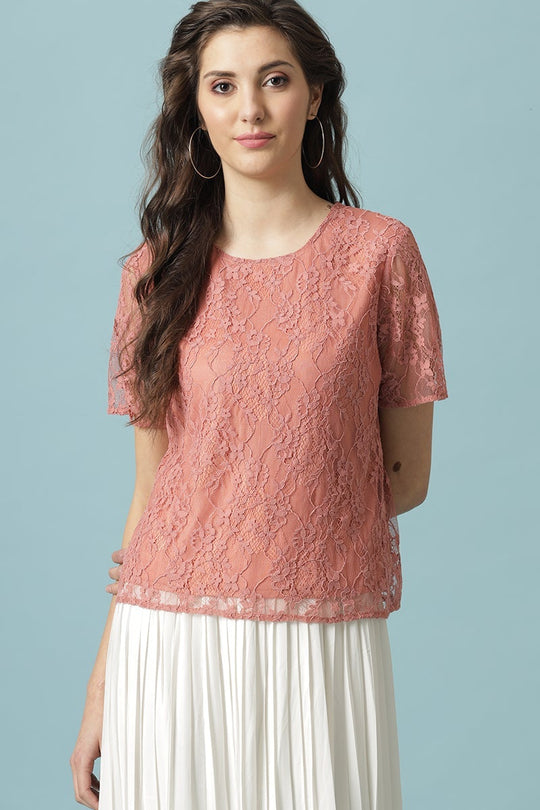 Gipsy Salmon Pink Medium Length Round Neck Polyester Blouse