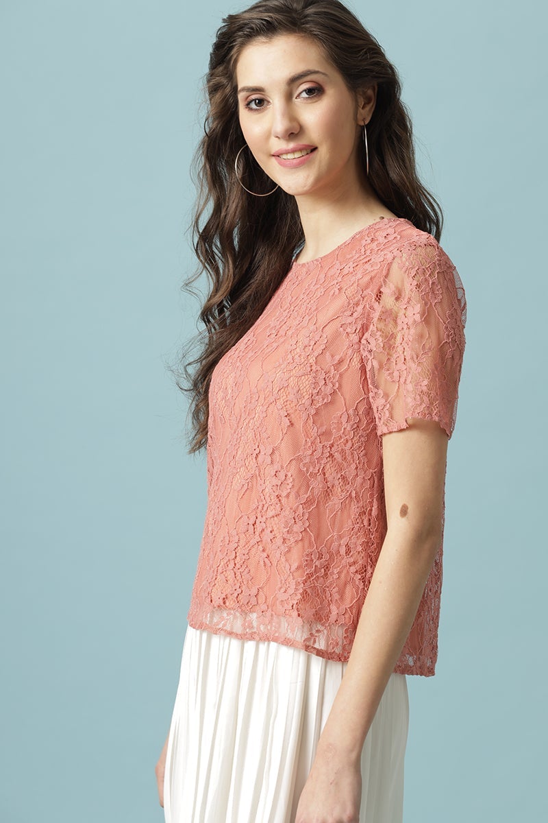 Gipsy Salmon Pink Medium Length Round Neck Polyester Blouse