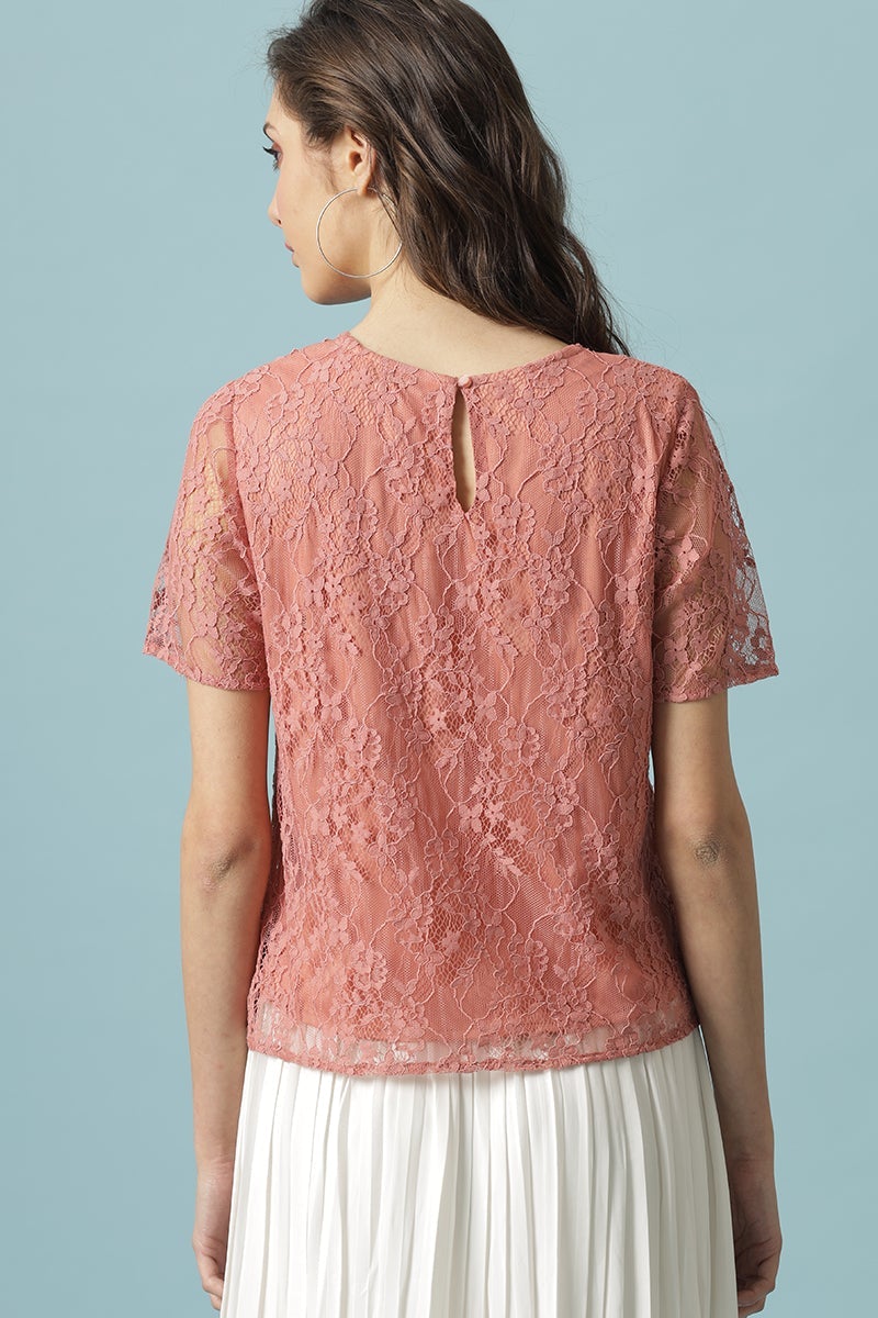 Gipsy Salmon Pink Medium Length Round Neck Polyester Blouse