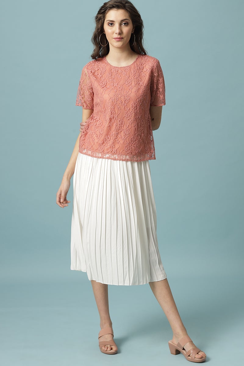 Gipsy Salmon Pink Medium Length Round Neck Polyester Blouse
