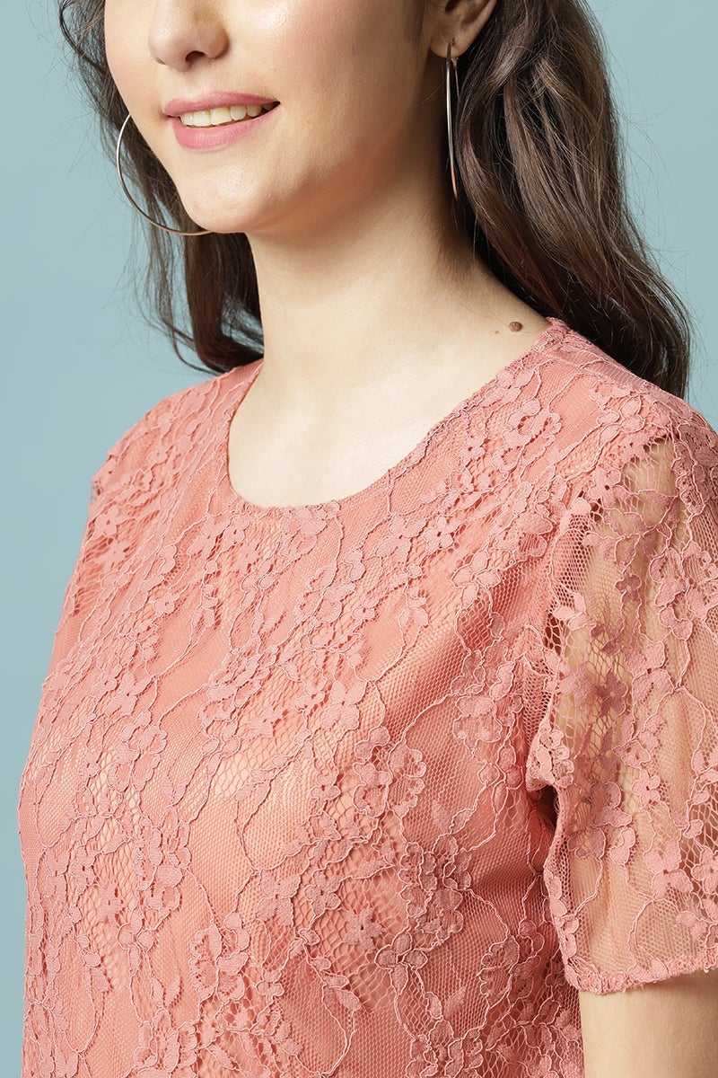 Gipsy Salmon Pink Medium Length Round Neck Polyester Blouse