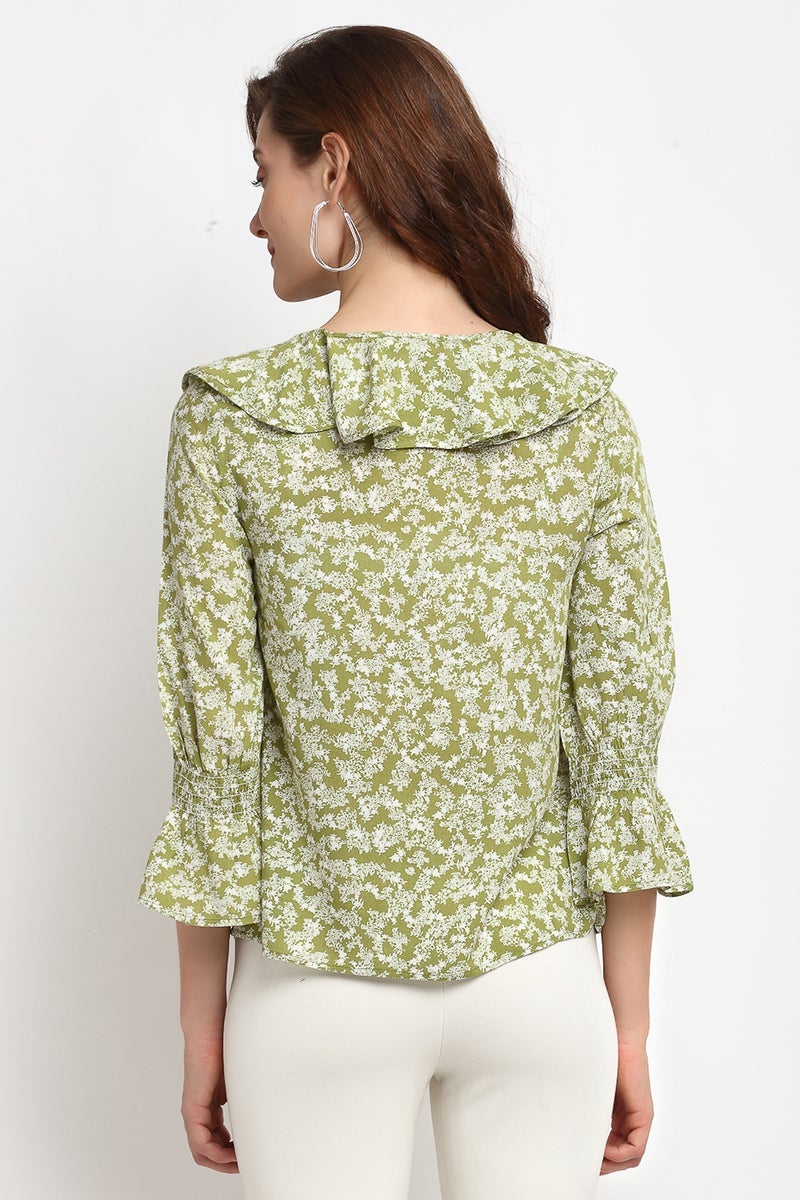 Green Medium Length Tie- Up Rayon Crepe Blouse
