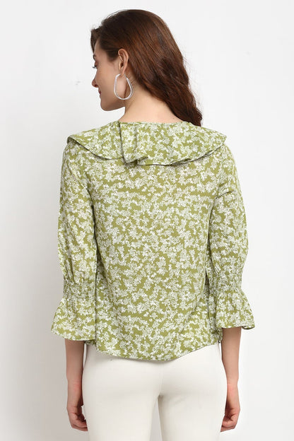 Green Medium Length Tie- Up Rayon Crepe Blouse