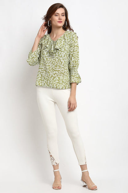 Green Medium Length Tie- Up Rayon Crepe Blouse