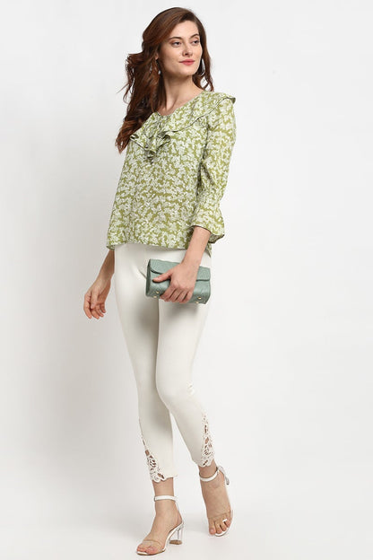 Green Medium Length Tie- Up Rayon Crepe Blouse