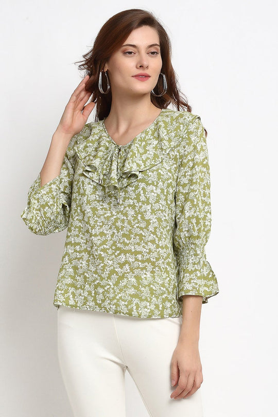 Green Medium Length Tie- Up Rayon Crepe Blouse